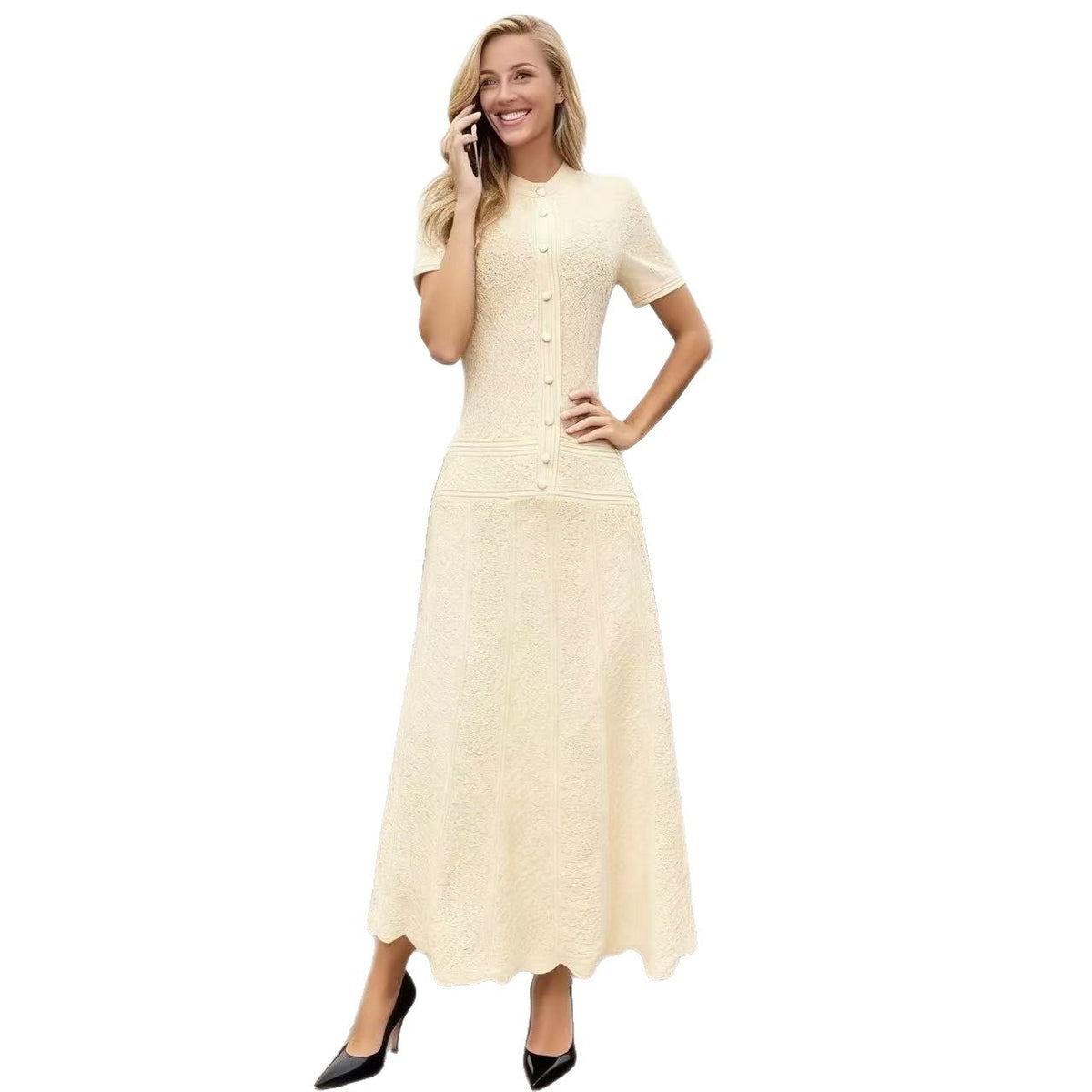Sandro French Retro Short Sleeve Eyelet Knit Dress